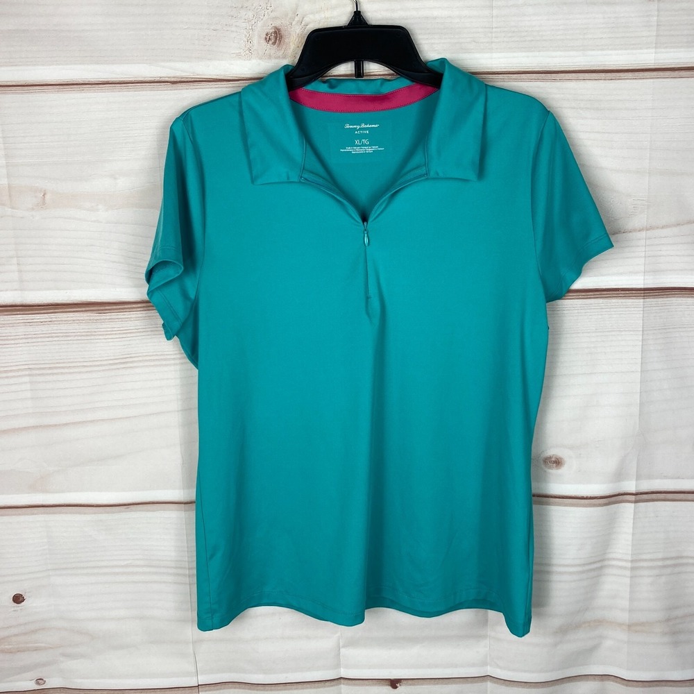 Tommy Bahama Active Womens L Green 1/4 Zip Polo Shirt Short Sleeve Solid Stretch